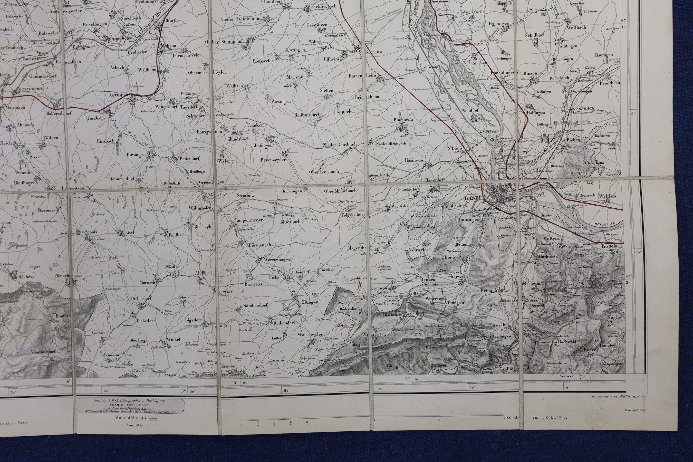 Wyld, James - Switzerland, 21 engraved linen backed folding maps, numbers 2-6, 8-13, 15, 18-25, dated 1846-1862, 56 x 78cms., in slip cases.